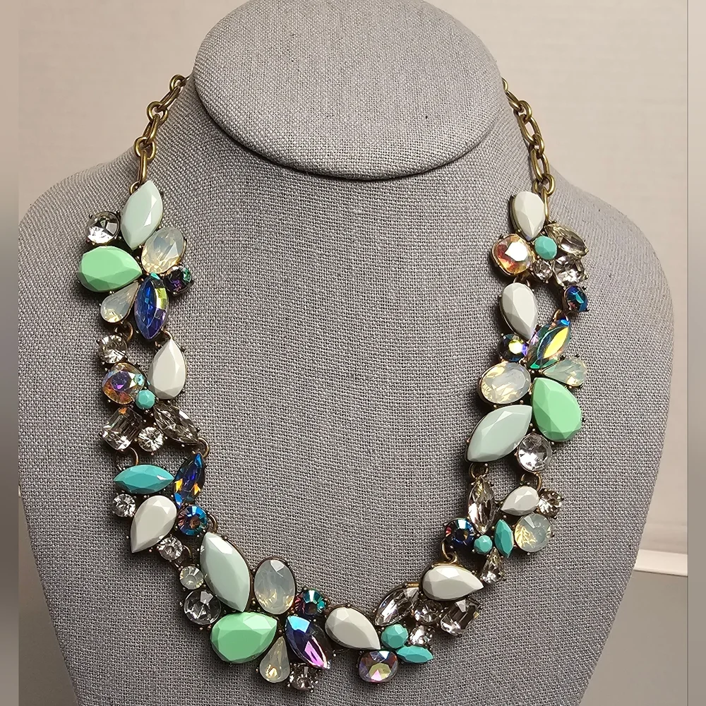 [J. Crew] Cluster Statement Necklace Mint Green, Gray White & Iridescent Stones